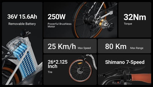 DYU C6 Pro elektriskais velosipēds, 250 W motors, 36 V 15,6 Ah