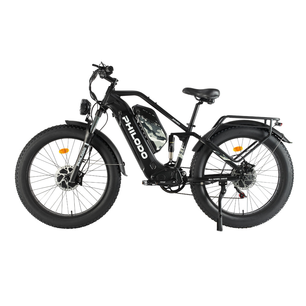 PHILODO Jumbo divu motoru, divu akumulatoru, pilnas piekares elektriskais velosipēds