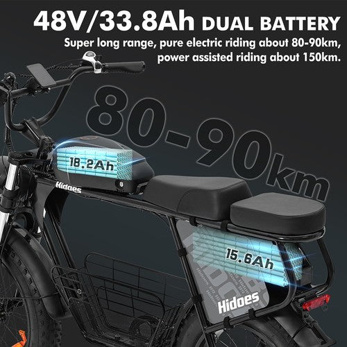 Hidoes B9 elektriskais velosipēds, 750 W motors, 48 V 18,2 Ah + 15,6 Ah dubults akumulators