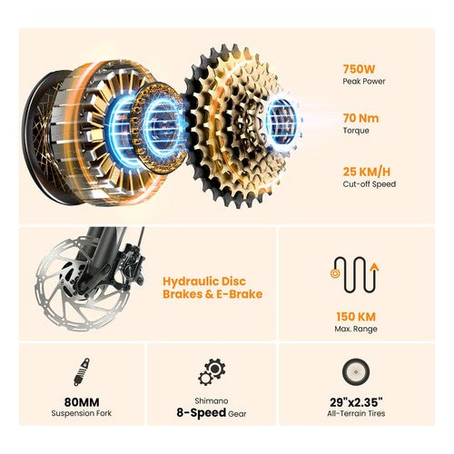 Touroll U2 Pro elektriskais velosipēds, 750W motors, 48V 15Ah