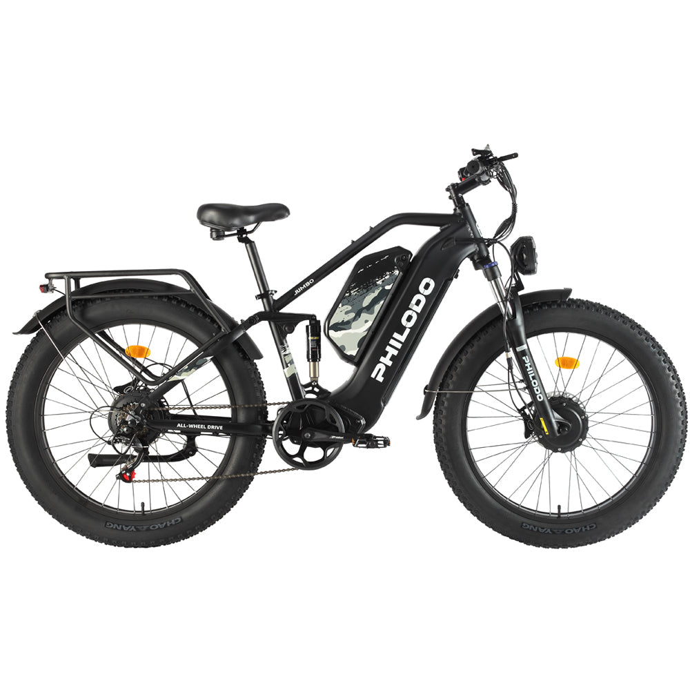 PHILODO Jumbo divu motoru, divu akumulatoru, pilnas piekares elektriskais velosipēds