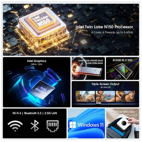 CHUWI LarkBox X mini dators, Intel N150 4 kodolu procesors ar maksimālo frekvenci 3,6 GHz, 16 GB RAM, 512 GB atmiņa