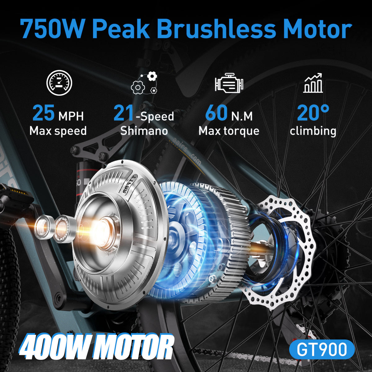 Aairsk GT900 elektriskais velosipēds ar 400 W motoru, 36 V, 13 Ah ietilpību